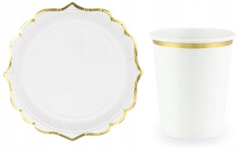 Zestaw BIAŁY ZŁOTY Talerzyki Kubeczki 12szt