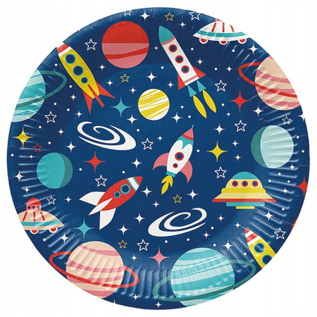 Talerzyki papierowe Kosmos Rakiety Planety na Urodziny Roczek Space 23cm x8