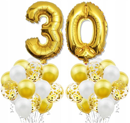Zestaw ZŁOTE BALONY na 30 URODZINY białe konfetti