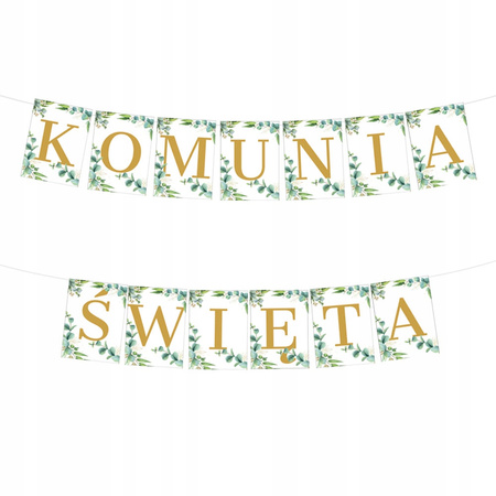 Baner złoty napis KOMUNIA ŚWIĘTA zielone listki EUKALIPTUS dekoracja 350cm