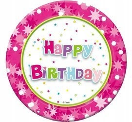 Talerzyki Happy Birthday różowe URODZINY 6szt 18cm
