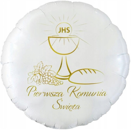 Balon foliowy biały PIERWSZA KOMUNIA ŚWIĘTA złoty nadruk KIELICH chleb 46cm