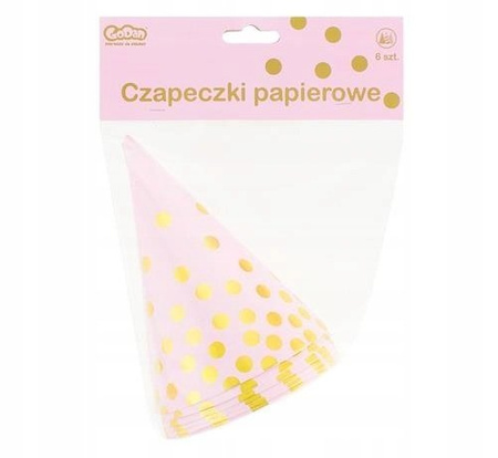 Czapeczki RÓŻOWE papierowe w ZŁOTE GROSZKI 6szt.