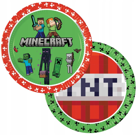 Talerzyki MINECRAFT papierowe PIKSELE zielone TNT na urodziny 23cm 8szt