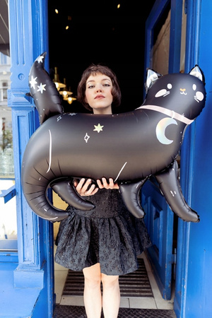Duży Balon foliowy Czarny Kot Holograficzny na Urodziny Halloween 96x95cm
