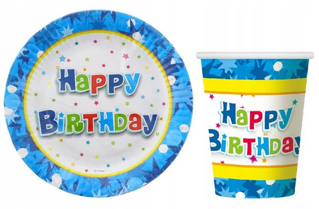 Zestaw BLUE HAPPY BIRTHDAY Talerzyki Kubeczki x12