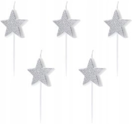 Świeczki GWIAZDKI srebrne na urodziny tort 5szt