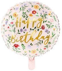 Balon foliowy jasny róż HAPPY BIRTHDAY złoty 35cm